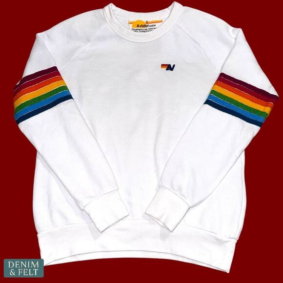 Aviator Nation Rainbow Stitch Sleeve White Crewneck Sweatshirt Small USA Fleece - Picture 8 of 15